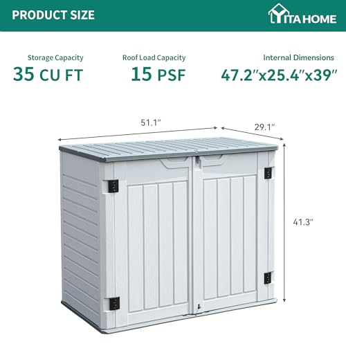 YITAHOME Outdoor Horizontal Storage Sheds w/o Shelf, 35 Cu Ft Lockable Resin Waterproof Shed, Ideal for Garden Tools, Easy to Assemble, Light Gray YITAHOME