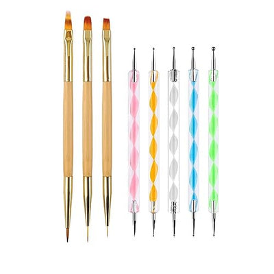 KLDKUST 5PCS Dotting Pens and 3PCS Nail Painting Brushes, Double Ended Nail Brushes and Dotting Tool Kit, Nail Art Design Tools