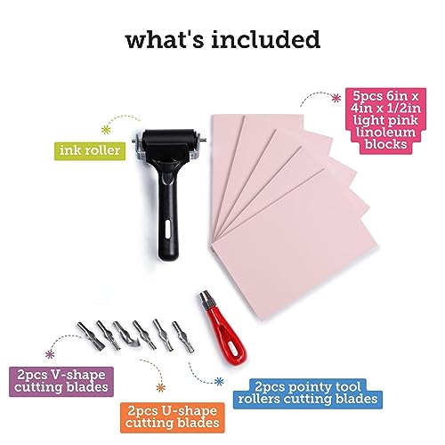 Incraftables Rubber Stamp Kit (5-Pack). Linoleum Block Kit with Cutting Blades Tools (6pcs). Block Printing Kit (6in x 4in x ¼ in) Light Pink Color. Incraftables