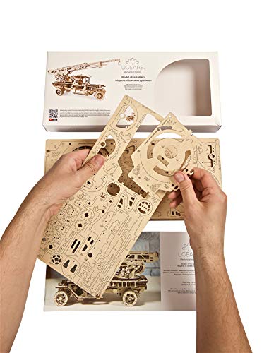 Ugears Wooden 3D Fire Truck Model Kit - Lever Operated Rotatable Retractable Ladder UGEARS