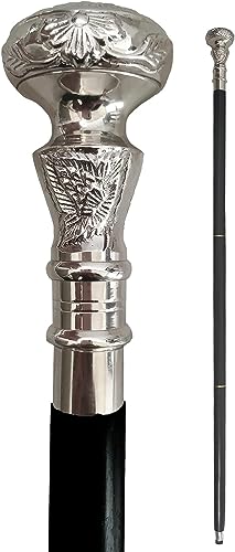 FYNJREX brass walking cane vintage wooden walking stick for women and men black shaft silver brass handle halloween costume cane steampunk knob gift FYNJREX