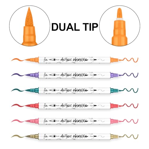 TRANSON 12 Colors Acrylic Paint Marker Pen Set Fine and Brush Dual-tip for Canvas Rock Wood Leather Ceramic DIY Painting TRANSON