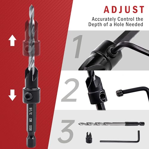 AIMLENTOOL Countersink Drill Bit Set, 3PCS Tapered Drill Bits, M2 Countersink Set with 1/4" Hex Shank Quick Change and 1 Allen Wrench for AIMLENTOOL