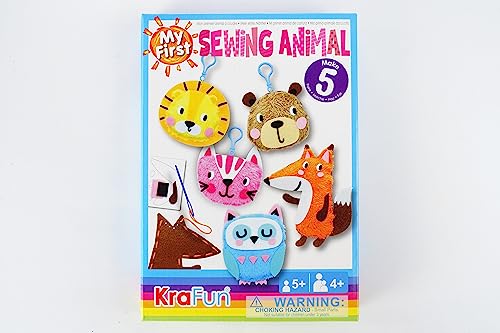 KRAFUN My First Sewing Animal for Kids, Beginner Art & Craft, 5 Easy Activities Stuffed Animal Dolls, Keyring Charms, Instructions & Felt Materials KRAFUN