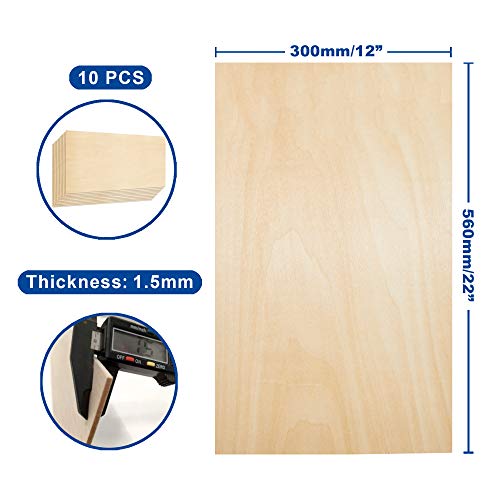 Plywood Sheet Board, A Grade, 22 x 12 inch, 1.5mm Thick, Pack of 10 Unfinished for Crafts Basswood by Craftiff Craftiff