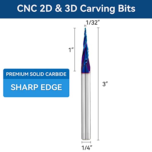 CNC Router Bits 1/4 inch Shank Spiral Tapered Ball Nose 2D & 3D Carving Bit 6.2 Deg Tapered Angle Ball Tip R0.4 1/4"Shank 3"OVL for Wood Carving YOKISHUN