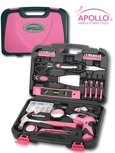 Apollo 135 Piece Household Tool Kit Pink with Pivoting Dual-Angle 3.6 V Lithium-Ion Cordless Screwdriver - DT0773N1 Apollo