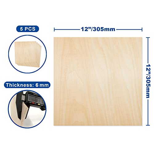Plywood Sheet Board Squares, A Grade, 12 x 12 inch, 1/4 inch Thick, Pack of 5 Unfinished Wood for Crafts Basswood by Craftiff Craftiff