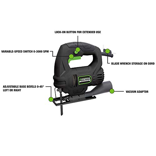 Genesis GJS380SE 3.8A Corded Jig Saw with Variable Speed, Wood cutting blade, Vacuum Adapter, and Allen Wrench Genesis