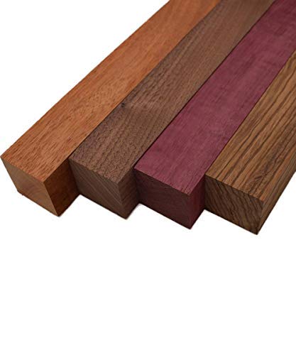 Imported Exotic Hardwood Variety Pack Turning Blanks - Zebrawood, Purpleheart, Mahogany, and Walnut (2" x 2" x 18") Barrington Hardwoods