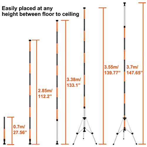 KEZERS Laser Level Pole with Tripod,12Ft./3.7M Telescoping Pole for Laser Levels,1/4”-20 Laser Mount for Rotary and Line Laser Level,Adjustable Pole KEZERS