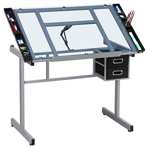 Yaheetech Drawing Desk Adjustable Glass Drafting Study Table For Diamond/Versatile Art Craft Station w/ 2 Slide Rolling Wheels and Drawers for Artist Yaheetech