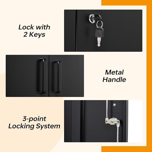 STANI Metal Storage Cabinet with 2 Adjustable Shelves, Steel Counter Cabinet with Lockable Doors for Home Office (Black) STANI