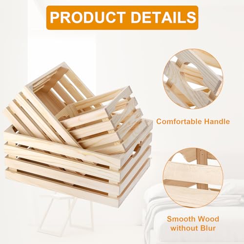 Voittozege 3 Pack Wooden Nesting Crates with Handles,Decorative Wood Crates Crate Box Wooden Storage Box Nesting Solid Wood Crates for Kitchen, Voittozege