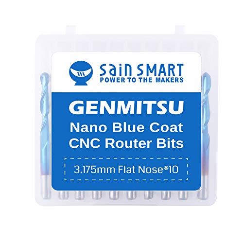 SainSmart Genmitsu 10Pcs Nano Blue Coat Flat Nose End Mill CNC Router Bits, 1/8" Shank Spiral Upcut 2 Flute End Mill Set (3.175 x 17 x 38mm) SainSmart