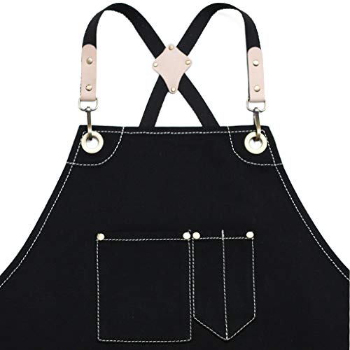 Jeanerlor Work Apron Waxed Canvas Stylist Apron with Pockets Water-Resistant Tool Aprons for Women Cross Back Straps Adjustable S-M(Black) Jeanerlor