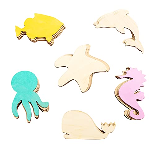 PLYDOLEX 24 Pieces Unfinished Wooden Cutouts Sea Animals Cutouts - 6 Shapes of Fish Cutouts: Wooden Stars, Dolphin Cutout, Octopus Cutout and Others Plydolex