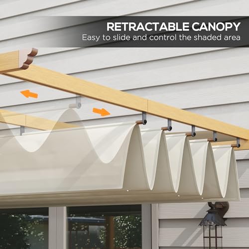 Outsunny 10' x 12' Retractable Pergola Canopy, Wood Grain Aluminum Pergola, Outdoor Sun Shade Shelter for Grill, Garden, Patio, Backyard, Deck, Cream Outsunny