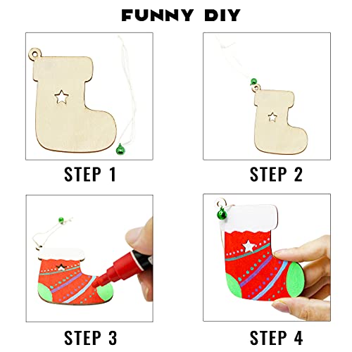 50 PCS Unfinished Wooden Christmas Ornaments DIY Christmas Wooden Slices with 50 Jingle Bells for Crafts Christmas Hanging Decorations?10 Shapes? Pseutio