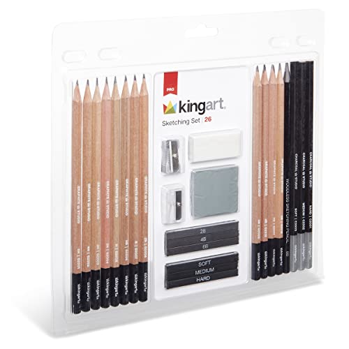 KINGART Pro Artist Sketching and Drawing Pencil Kit, Pencils, Charcoal & Graphite Sticks, Erasers, Sharpeners, All Skill Levels, 26 pc. KINGART