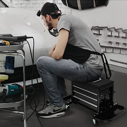 Magshion Rolling Stool with 3-Drawer Toolbox Padded Mechanic Stool Creeper Seat with Foldable Tool Tray 350 lbs Capacity Garage Workshop Stool Magshion