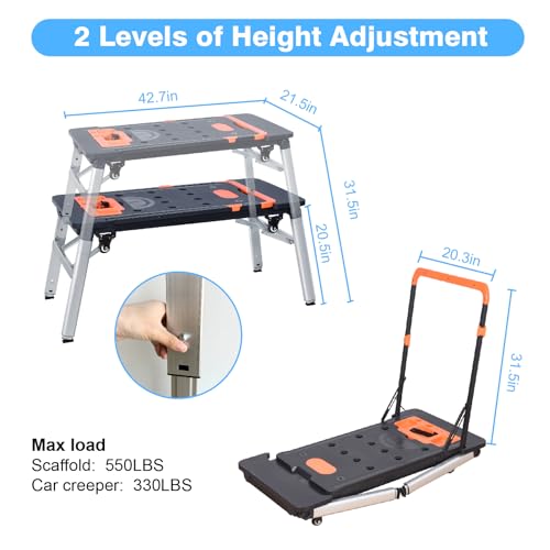 LEADALLWAY 7-in-1 Workbench Folding Painted Work Table as Workbench, Scaffold,Platform,Sawhorse,Car Creeper and Hand Truck with 4 Wheels, Black LEADALLWAY