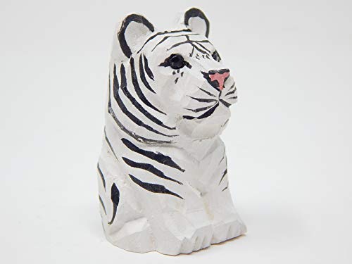 Selsela White Tiger Figurine Decoration Wooden Statue Snow Bleached Albino Art Cat Bengal Striped Miniature Carved Small Animal Sculpture Selsela