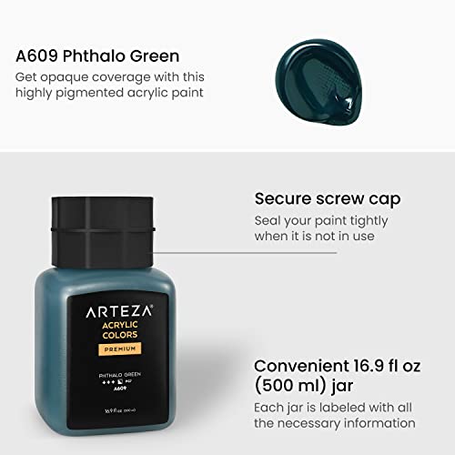 ARTEZA Acrylic Paint, A609 Phthalo Green, 16.9 fl oz, 500ml Jar, Opaque, Quick-Drying, Acrylic Paints for Painting on Canvas, Paper, Wood ARTEZA