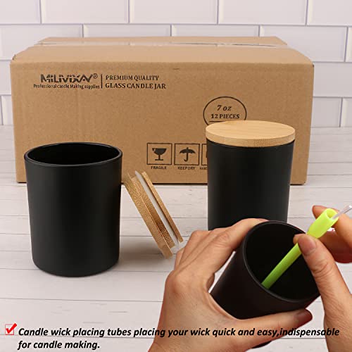 MILIVIXAY 12 Pack 7 OZ Black Matte Glass Candle Jars with Lids and Candle Making Kits - Bulk Empty Candle Jars for Making Candles - Spice, Powder MILIVIXAY