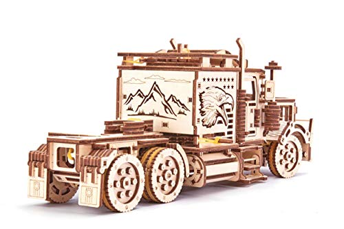Wood Trick Big Rig Mechanical Toy Truck - 14x6″ - Powerful Rubber Band Motor - Realistic Semi Truck Wooden Model Kit for Adults and Kids - 3D Wooden Wood Trick