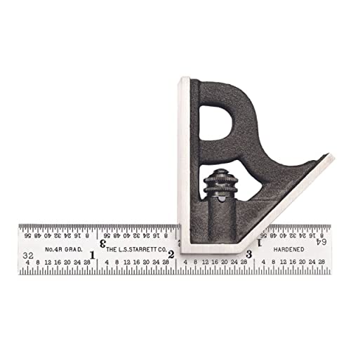 Starrett Steel Combination Square with Square Head - 4" Blade Length, Cast Iron Head, Hardened Steel, Reversible Lock Bolt, 4R Graduation Type - Starrett