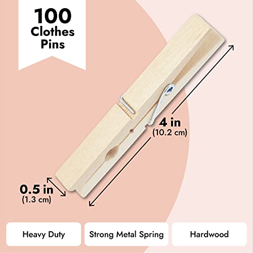 Juvale 100-Pack Large 4 Inch Wooden Clothespins - Heavy Duty Outdoor Clothes Clips for Hanging Clothes, Art, Crafts, Photo Displays Juvale