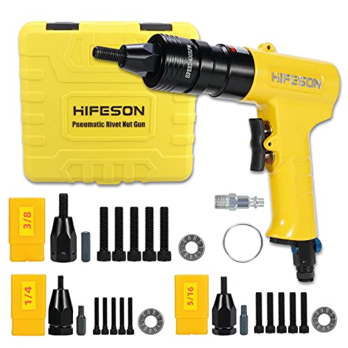 HIFESON Pneumatic Rivet Nut Gun with 1/4 & 5/16 & 3/8 Self-Locking Head Gun,Quick-Change Mandrels,Industrial Grade Adjustable Speed Air Rivnut Gun HIFESON