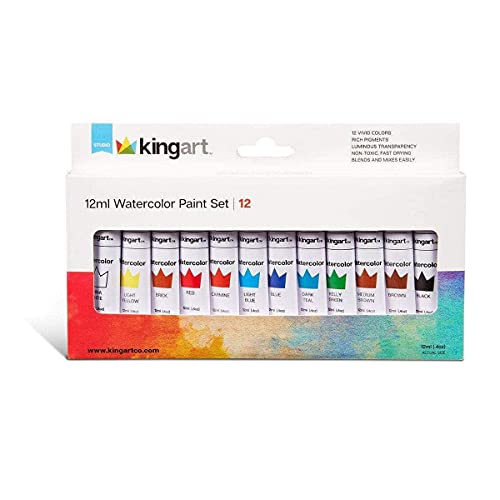 KINGART Studio Watercolor Paint, 12 ml (.4oz), Set of 12 Colors KINGART