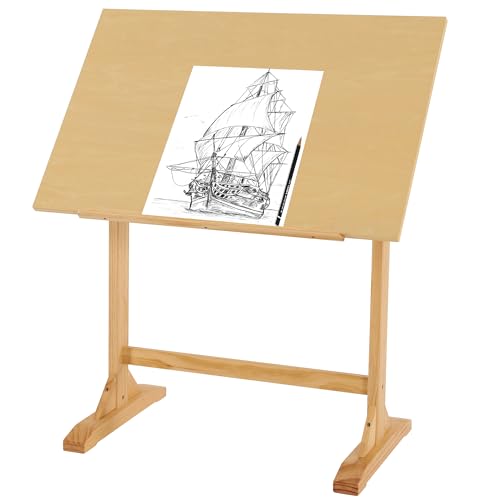 VISWIN 24'' x 35" Artist Drafting Table, Adjustable Angle, 34" Height Solid Pine Wood Drawing Table, Art Table for Adults, Tilts Flat, Art Craft VISWIN