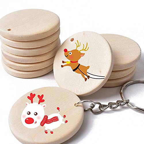 Happyay 30Pcs Natural Wood Slices, 1.5 inch Unfinished Wood Sign, Unfinished Predrilled Log Discs Wooden Circles with 30 pcs Key Rings for DIY Crafts Happyay