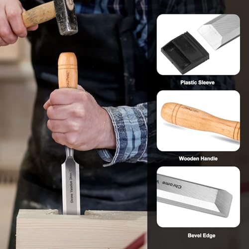 HUATMEC Wood Chisels Set of 4, Carbon Steel Beveled Edge Blade, Beech Handle for Woodingworking and Carving HT0315 HAUTMEC