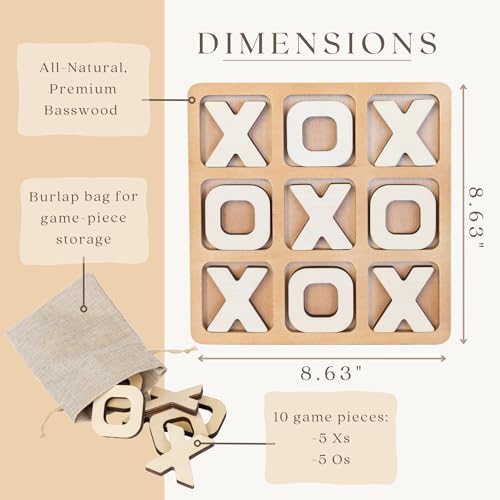 Tic Tac Toe Game & Decor Set, Kids Board Games, Versatile Boho/Natural Style Tic Tac Toe Board for Classic Two Person Games, 8.63 Inches Tic Tac Toe Woobli