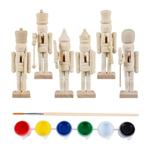 6pcs DIY Wooden Christmas Nutcrackers, DIY Blank Unpainted Unpainted Puppet Walnut Soldier With Paint & Brush For Christmas Decoration YmilemY