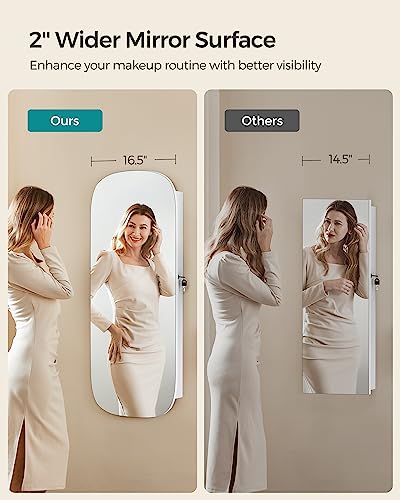 SONGMICS Jewelry Organizer, LED Jewelry Cabinet Wall/Door Mounted, Lockable Rounded Wide Mirror with Storage, Interior Mirror, White Surface with SONGMICS