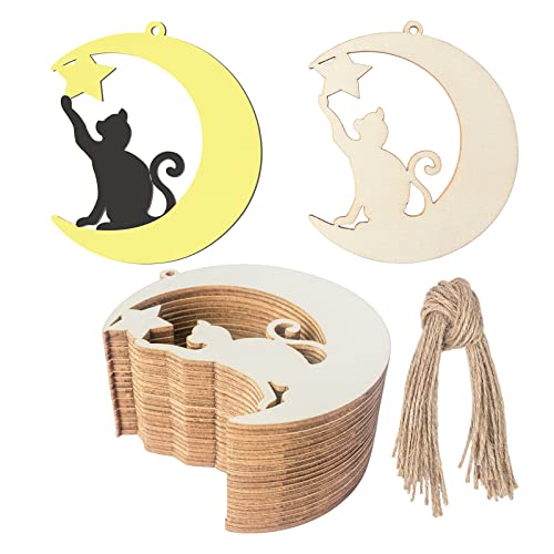 Cat Wood Star Wood Moon Shape Wooden Blank Wood with Twines Art Unfinished Ornaments for Wedding Birthday Party Christmas Decoration 20Pcs Zontween