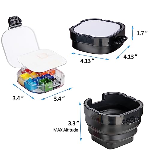 Falling in Art 16 Wells Paint Palette, Airtight Palette Storage Box with Lid and Folding Paint Brush Basin for Watercolor, Gouache and Acrylic Falling in Art