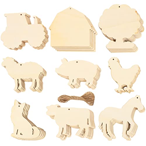EXCEART 45pcs Farm Animals Unpainted Wood Cutout Shapes Cow Pig Chicken Horse Sheep Dog Unfinished Animal Wooden Ornaments Blank Gift Tags for