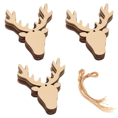 Honbay 30PCS Deer Head Wooden Hanging Ornaments Reindeer Head Unfinished Blank Wood Pieces Wood Slices Wood Chips Embellishments Wooden Gift Tags for