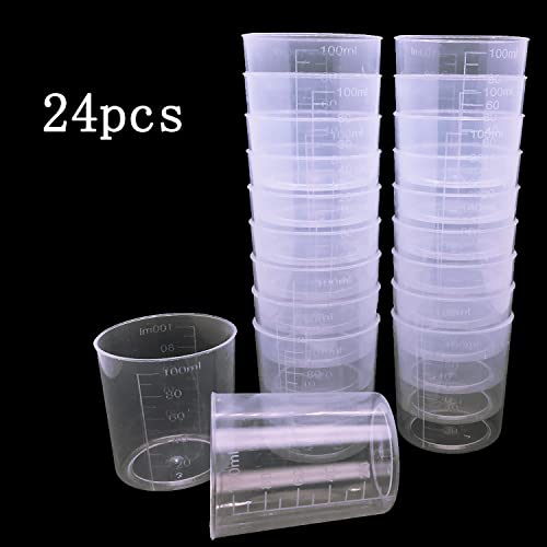 24 Pcs Clear Scale Cups, 100ml/3.4oz Plastic Graduated Cups with 50 Pcs Wooden Stirring Sticks for Epoxy, Resin, Stain, Mixing Paint MYYZMY