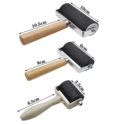 3 Pack Rubber Brayer Roller,1.4/2.4/4 Inch Hard Rubber Brayer Rollers,Art Craft Roller for Printmaking,Ink,Wallpapers Stamping Gluing WoodArtSupply