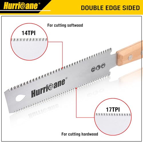 HURRICANE Japanese Hand Saw, 6 Inch (150mm) Double Edge Sided Pull Saw, SK5 Flexible Blade, 14/17 TPI Flush Cut Saw, Beech Handle Wood Saw, HURRICANE