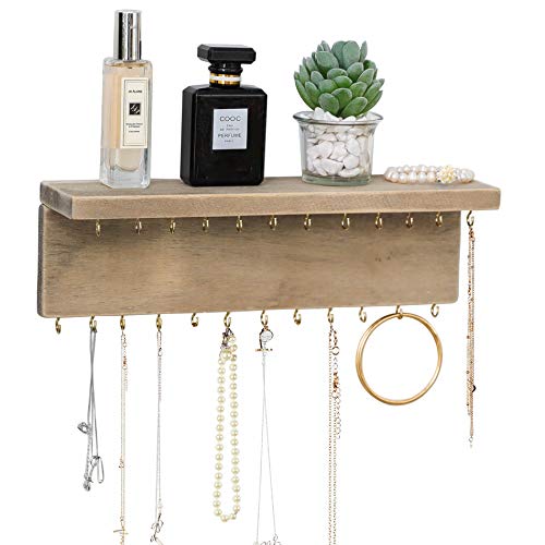 BYHER Wall Mounted Jewelry Organizer with 24 Hooks - Rustic Wood Shelf Jewelry Display - Storage for Necklaces, Bracelets, Earrings, Bows (24 Hooks) BYHER