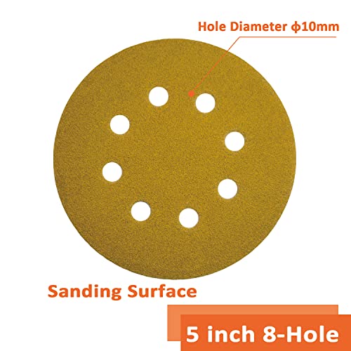 TOPXUAN Orbital Sander Pads, 5 Inch 8 Holes, Hook and Loop Dry Abrasive Gold Sandpaper, Suitable for Wood, Metal, Plastic Grinding and Polishing, TOPXUAN