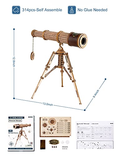 ROKR 3D Puzzles for Adults Wooden Telescope Building Model Kit with Tripod for Adults -3X Magnification Science Kit Gifts for Boy/Girls ROKR